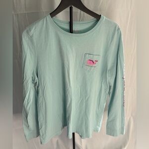 Vineyard Vines Aqua Long Sleeve Tee with Pink Whale